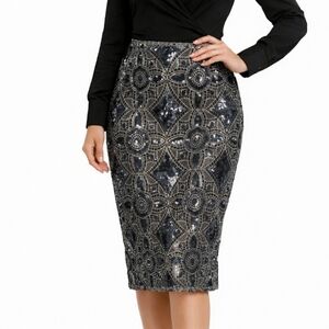 Express Women Midi Sequin Lace Pencil Skirt Black Silver Party Cocktail Size 10